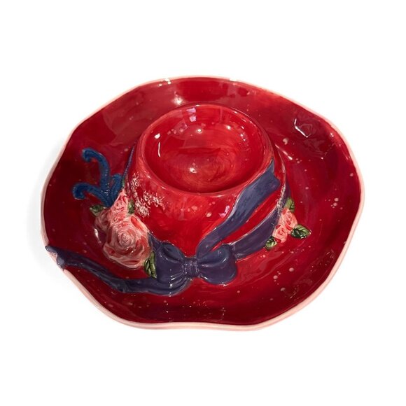Ladies In Red Ceramic Hat Chip & Dip Set With Floral Design For Entertaining Or - Picture 4 of 5